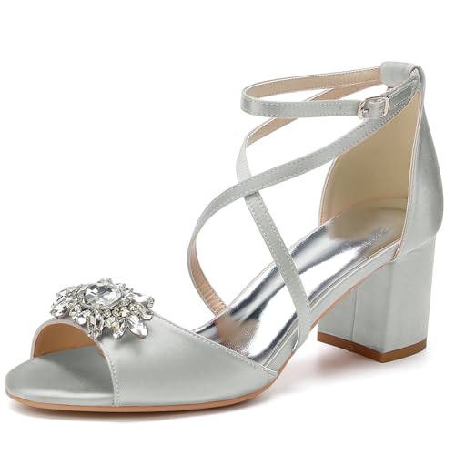 HFWXYSA Damen Sandale mit Absatz Blockabsatz Brautschuhe Knöchelriemen Peeptoe Hochzeitsschuhe mit Strass,Silber,39 EU von HFWXYSA