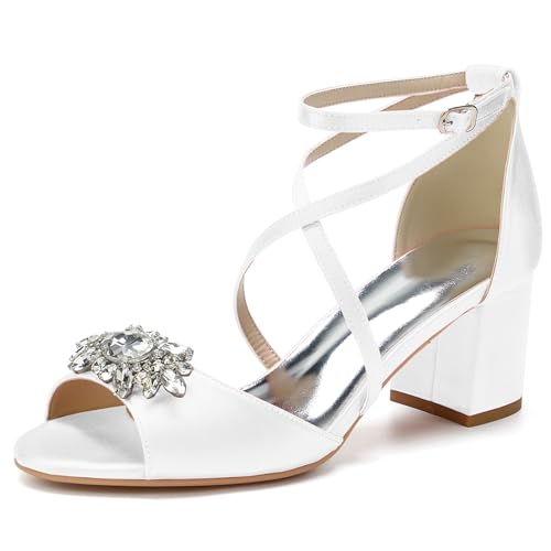 HFWXYSA Damen Sandale mit Absatz Blockabsatz Brautschuhe Knöchelriemen Peeptoe Hochzeitsschuhe mit Strass,Weiß,38 EU von HFWXYSA