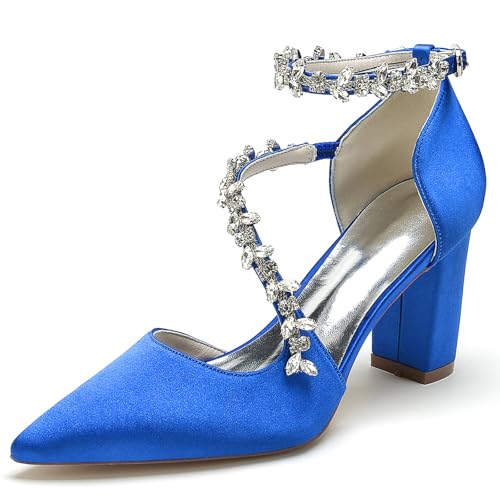 HFWXYSA Damen-Sandalen Mit Geschlossenem Zehenbereich Klobiger Blockabsatz Hochzeitsschuhe Strass Knöchelriemen Brautschuhe,Blau,40 EU von HFWXYSA