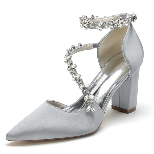 HFWXYSA Damen-Sandalen Mit Geschlossenem Zehenbereich Klobiger Blockabsatz Hochzeitsschuhe Strass Knöchelriemen Brautschuhe,Silber,36 EU von HFWXYSA