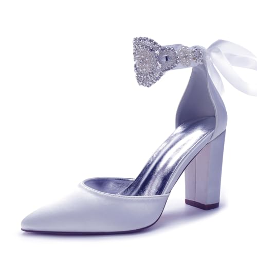 HFWXYSA Damen-Sandalen Mit Geschlossenem Zehenbereich Klobiger Blockabsatz Hochzeitsschuhe Strass Knöchelriemen Brautschuhe,Weiß,38 EU von HFWXYSA