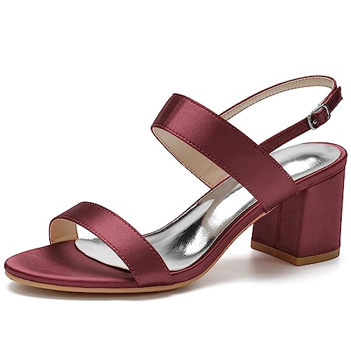 HFWXYSA Damen Sandalen Satin Chunky Blockabsatz Brautschuhe Offene Zehen Satin Pumps Knöchelriemen Party Hochzeitsschuhe,Burgundy,40 EU von HFWXYSA