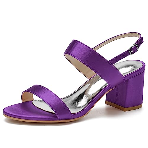 HFWXYSA Damen Sandalen Satin Chunky Blockabsatz Brautschuhe Offene Zehen Satin Pumps Knöchelriemen Party Hochzeitsschuhe,Dark Purple,43 EU von HFWXYSA