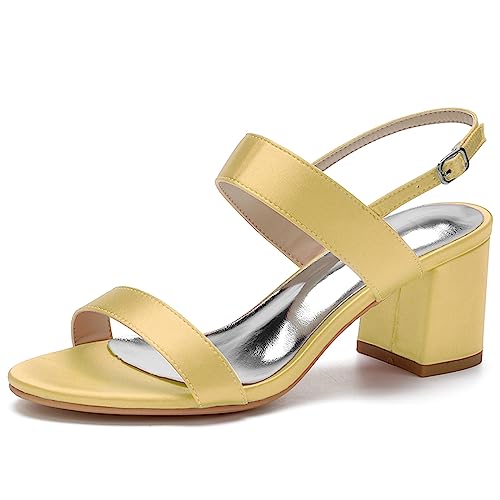 HFWXYSA Damen Sandalen Satin Chunky Blockabsatz Brautschuhe Offene Zehen Satin Pumps Knöchelriemen Party Hochzeitsschuhe,Gold,36 EU von HFWXYSA
