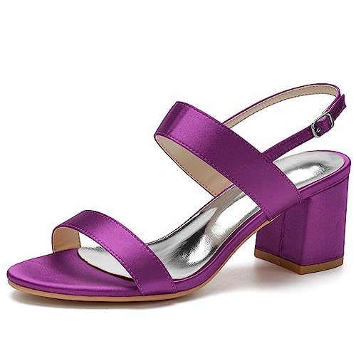 HFWXYSA Damen Sandalen Satin Chunky Blockabsatz Brautschuhe Offene Zehen Satin Pumps Knöchelriemen Party Hochzeitsschuhe,Lila,37 EU von HFWXYSA
