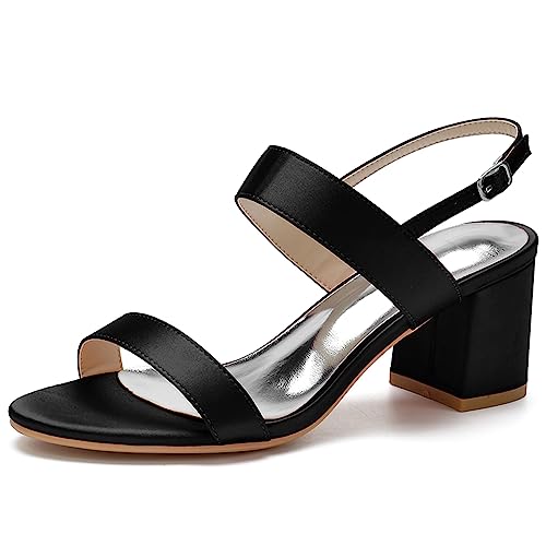 HFWXYSA Damen Sandalen Satin Chunky Blockabsatz Brautschuhe Offene Zehen Satin Pumps Knöchelriemen Party Hochzeitsschuhe,Schwarz,36 EU von HFWXYSA