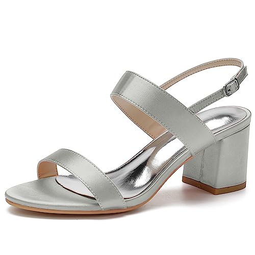 HFWXYSA Damen Sandalen Satin Chunky Blockabsatz Brautschuhe Offene Zehen Satin Pumps Knöchelriemen Party Hochzeitsschuhe,Silber,36 EU von HFWXYSA