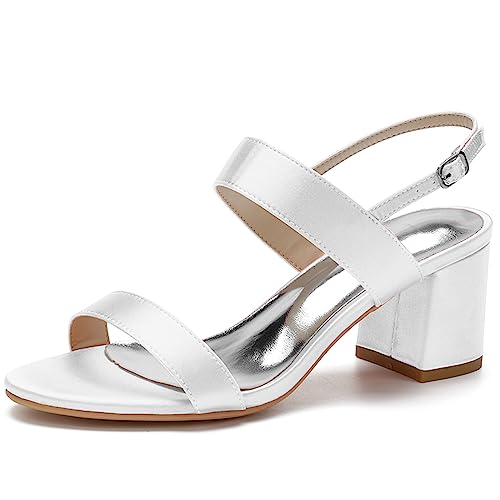 HFWXYSA Damen Sandalen Satin Chunky Blockabsatz Brautschuhe Offene Zehen Satin Pumps Knöchelriemen Party Hochzeitsschuhe,Weiß,35 EU von HFWXYSA