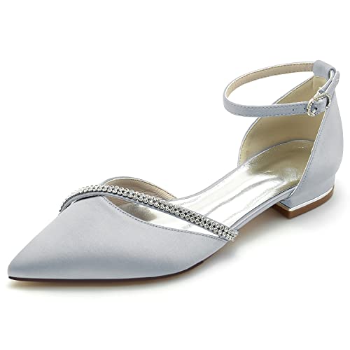 HFWXYSA Damen Satin Brautschuhe Elegant Strass Knöchelriemen Schnallen Ballerinas Geschlossene Zehen Abendkleid Hochzeitsschuhe,Silber,37 EU von HFWXYSA