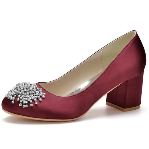 HFWXYSA Damen Satin Brautschuhe Mit Blockabsatz Runde Zehe Party Hochzeitsschuhe Slip on Dress Pumps mit Strass,Burgundy,36 EU von HFWXYSA