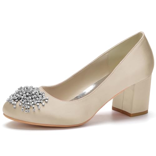 HFWXYSA Damen Satin Brautschuhe Mit Blockabsatz Runde Zehe Party Hochzeitsschuhe Slip on Dress Pumps mit Strass,Champagne,42 EU von HFWXYSA