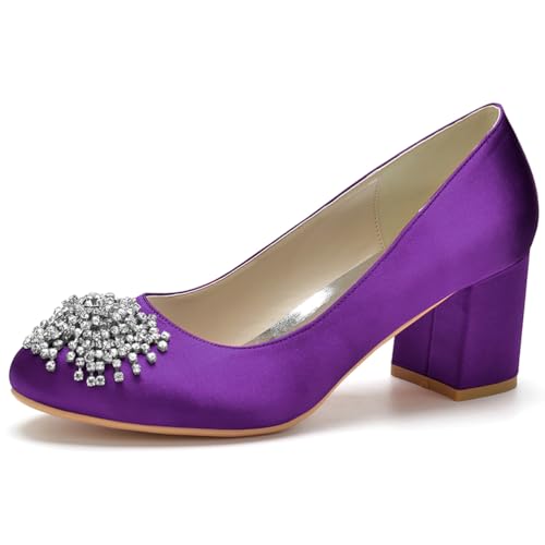 HFWXYSA Damen Satin Brautschuhe Mit Blockabsatz Runde Zehe Party Hochzeitsschuhe Slip on Dress Pumps mit Strass,Dark Purple,43 EU von HFWXYSA