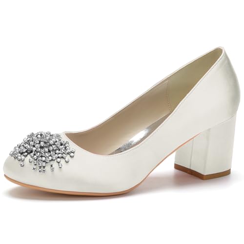 HFWXYSA Damen Satin Brautschuhe Mit Blockabsatz Runde Zehe Party Hochzeitsschuhe Slip on Dress Pumps mit Strass,Elfenbein,37 EU von HFWXYSA