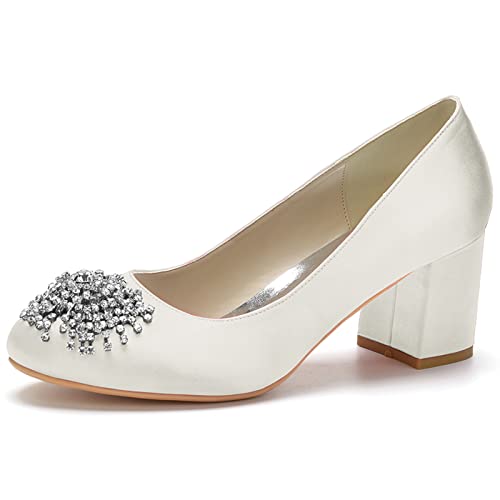 HFWXYSA Damen Satin Brautschuhe Mit Blockabsatz Runde Zehe Party Hochzeitsschuhe Slip on Dress Pumps mit Strass,Elfenbein,42 EU von HFWXYSA