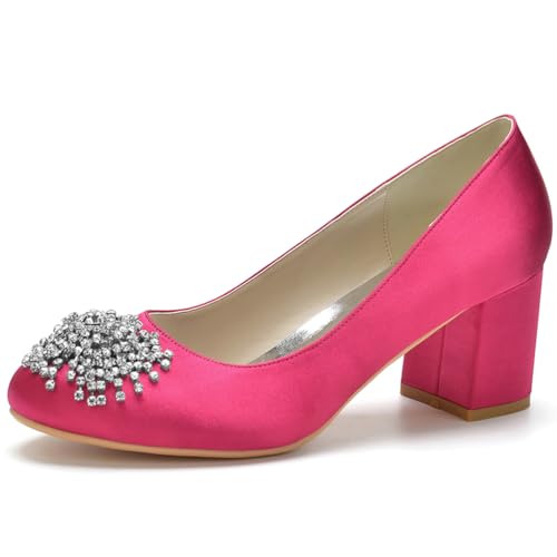 HFWXYSA Damen Satin Brautschuhe Mit Blockabsatz Runde Zehe Party Hochzeitsschuhe Slip on Dress Pumps mit Strass,Fuchsia,35 EU von HFWXYSA