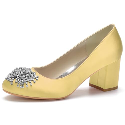 HFWXYSA Damen Satin Brautschuhe Mit Blockabsatz Runde Zehe Party Hochzeitsschuhe Slip on Dress Pumps mit Strass,Gold,41 EU von HFWXYSA