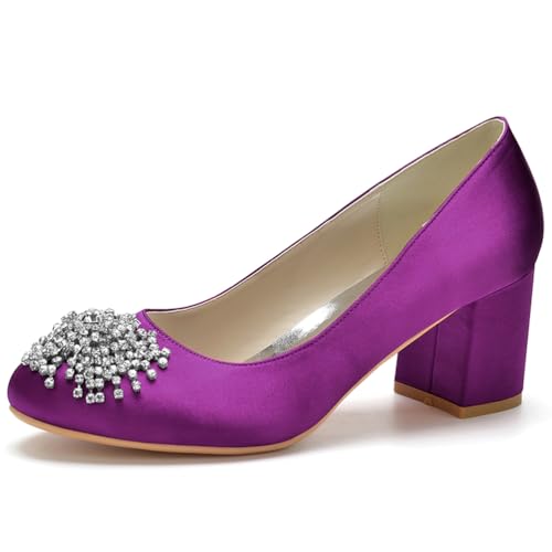 HFWXYSA Damen Satin Brautschuhe Mit Blockabsatz Runde Zehe Party Hochzeitsschuhe Slip on Dress Pumps mit Strass,Lila,43 EU von HFWXYSA