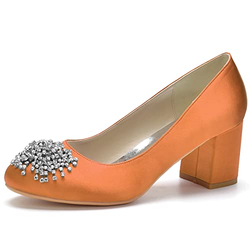 HFWXYSA Damen Satin Brautschuhe Mit Blockabsatz Runde Zehe Party Hochzeitsschuhe Slip on Dress Pumps mit Strass,Orange,38 EU von HFWXYSA