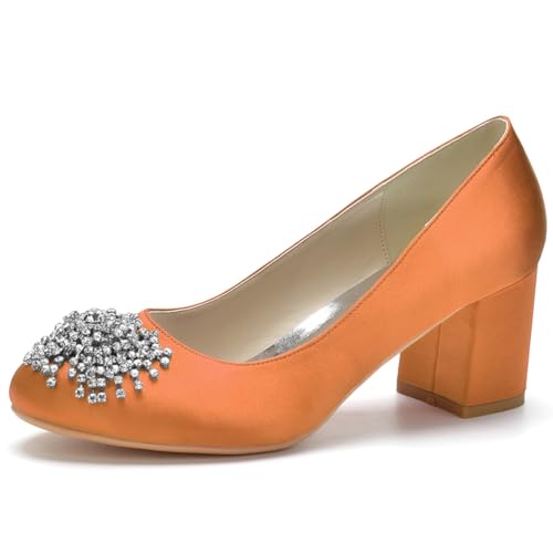 HFWXYSA Damen Satin Brautschuhe Mit Blockabsatz Runde Zehe Party Hochzeitsschuhe Slip on Dress Pumps mit Strass,Orange,40 EU von HFWXYSA