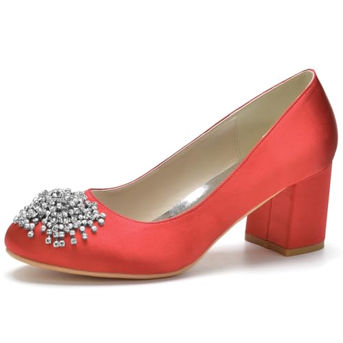 HFWXYSA Damen Satin Brautschuhe Mit Blockabsatz Runde Zehe Party Hochzeitsschuhe Slip on Dress Pumps mit Strass,Rot,35 EU von HFWXYSA