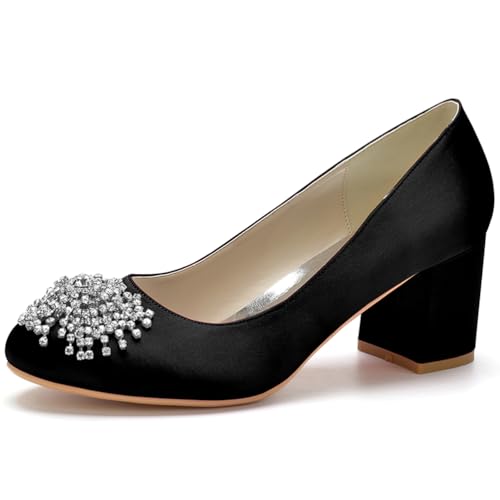 HFWXYSA Damen Satin Brautschuhe Mit Blockabsatz Runde Zehe Party Hochzeitsschuhe Slip on Dress Pumps mit Strass,Schwarz,38 EU von HFWXYSA