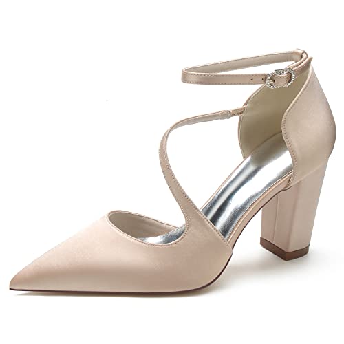 HFWXYSA Damen Satin Hochzeitsschuhe Mit Blockabsatz Riemchen Pumps Spitze Zehen Brautschuhe Brautjungfernschuhe,Champagne,36 EU von HFWXYSA