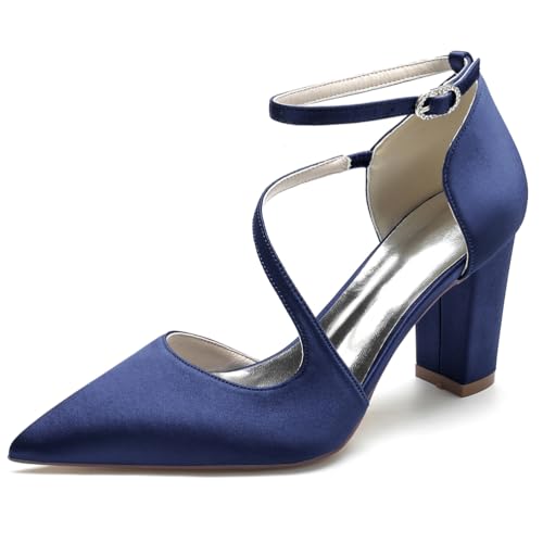 HFWXYSA Damen Satin Hochzeitsschuhe Mit Blockabsatz Riemchen Pumps Spitze Zehen Brautschuhe Brautjungfernschuhe,Marine,37 EU von HFWXYSA