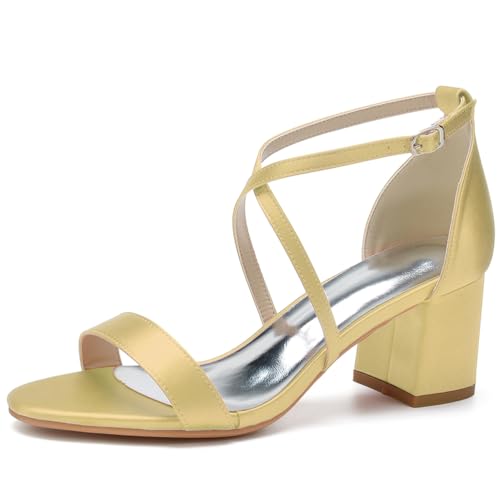 HFWXYSA Damen Satin Riemchensandalen Blockabsatz Brautschuhe Sandalen Kreuz Riemchen Offene Zehen Hochzeit Schuhe,Gold,40 EU von HFWXYSA