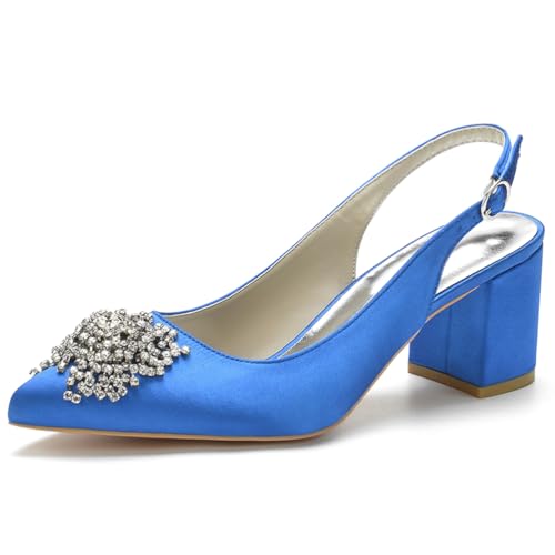 HFWXYSA Damen Satin Spitze Zehenpartie Block Heel Hochzeit Pumps Strass Slingback Sandalen Party Abendkleid Brautschuhe,Blau,40 EU von HFWXYSA