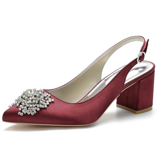HFWXYSA Damen Satin Spitze Zehenpartie Block Heel Hochzeit Pumps Strass Slingback Sandalen Party Abendkleid Brautschuhe,Burgundy,37 EU von HFWXYSA