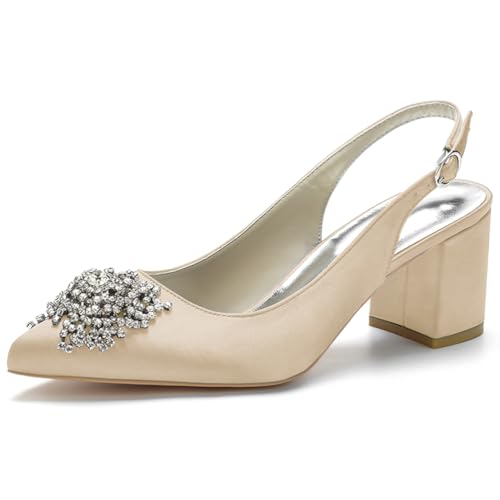 HFWXYSA Damen Satin Spitze Zehenpartie Block Heel Hochzeit Pumps Strass Slingback Sandalen Party Abendkleid Brautschuhe,Champagne,40 EU von HFWXYSA