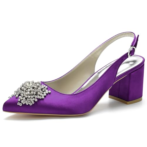 HFWXYSA Damen Satin Spitze Zehenpartie Block Heel Hochzeit Pumps Strass Slingback Sandalen Party Abendkleid Brautschuhe,Dark Purple,37 EU von HFWXYSA