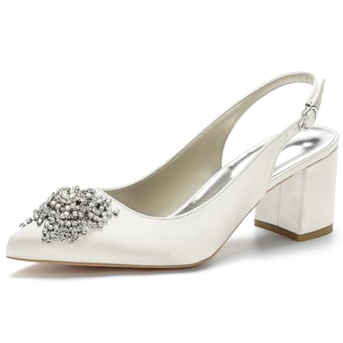 HFWXYSA Damen Satin Spitze Zehenpartie Block Heel Hochzeit Pumps Strass Slingback Sandalen Party Abendkleid Brautschuhe,Elfenbein,38 EU von HFWXYSA