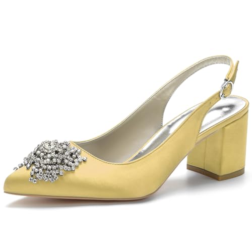 HFWXYSA Damen Satin Spitze Zehenpartie Block Heel Hochzeit Pumps Strass Slingback Sandalen Party Abendkleid Brautschuhe,Gold,39 EU von HFWXYSA