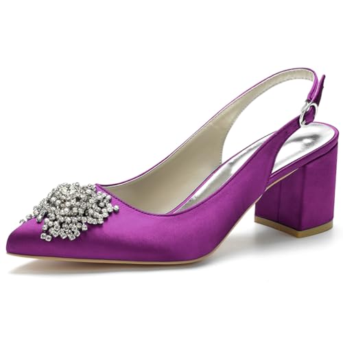 HFWXYSA Damen Satin Spitze Zehenpartie Block Heel Hochzeit Pumps Strass Slingback Sandalen Party Abendkleid Brautschuhe,Lila,40 EU von HFWXYSA