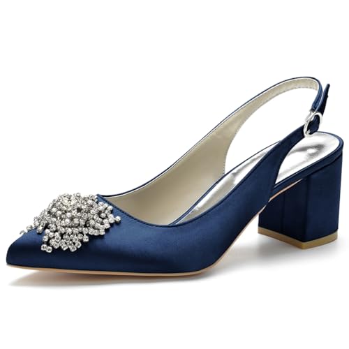 HFWXYSA Damen Satin Spitze Zehenpartie Block Heel Hochzeit Pumps Strass Slingback Sandalen Party Abendkleid Brautschuhe,Marine,36 EU von HFWXYSA
