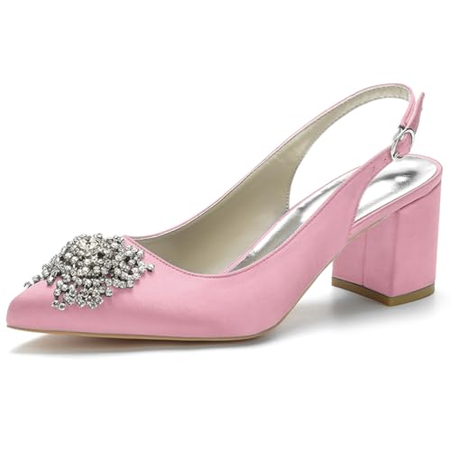 HFWXYSA Damen Satin Spitze Zehenpartie Block Heel Hochzeit Pumps Strass Slingback Sandalen Party Abendkleid Brautschuhe,Rosa,38 EU von HFWXYSA
