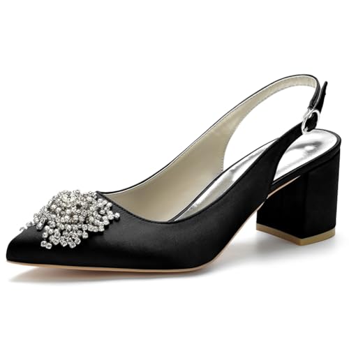 HFWXYSA Damen Satin Spitze Zehenpartie Block Heel Hochzeit Pumps Strass Slingback Sandalen Party Abendkleid Brautschuhe,Schwarz,36 EU von HFWXYSA