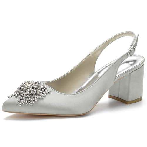 HFWXYSA Damen Satin Spitze Zehenpartie Block Heel Hochzeit Pumps Strass Slingback Sandalen Party Abendkleid Brautschuhe,Silber,43 EU von HFWXYSA