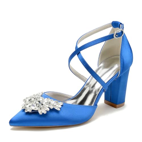 HFWXYSA Damen Satin Spitzschuh Chunky High Block Heels Knöchelriemen Party Hochzeit Kleid Pumps Schuhe,Blau,43 EU von HFWXYSA