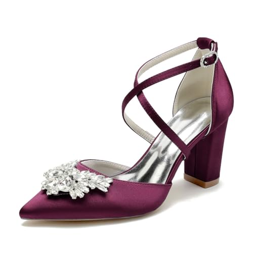 HFWXYSA Damen Satin Spitzschuh Chunky High Block Heels Knöchelriemen Party Hochzeit Kleid Pumps Schuhe,Burgundy,43 EU von HFWXYSA