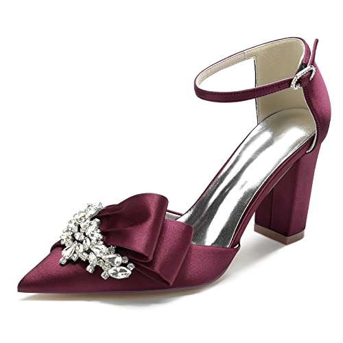 HFWXYSA Damen Satin Spitzschuh Chunky High Block Heels Knöchelriemen Party Hochzeit Kleid Pumps Schuhe mit Diamant,Fuchsia,36 EU von HFWXYSA