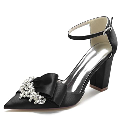 HFWXYSA Damen Satin Spitzschuh Chunky High Block Heels Knöchelriemen Party Hochzeit Kleid Pumps Schuhe mit Diamant,Schwarz,41 EU von HFWXYSA