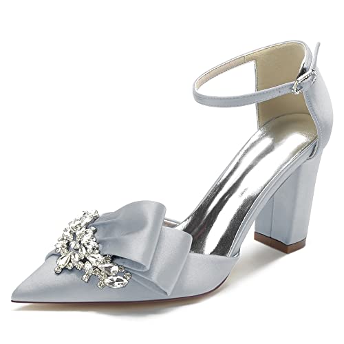 HFWXYSA Damen Satin Spitzschuh Chunky High Block Heels Knöchelriemen Party Hochzeit Kleid Pumps Schuhe mit Diamant,Silber,39 EU von HFWXYSA