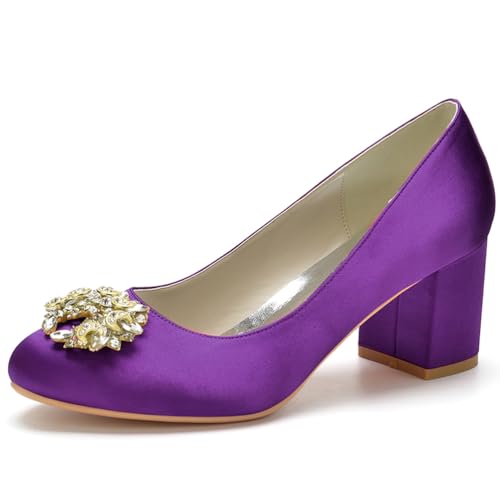 HFWXYSA Damen Satin Strass Round Zehen Brautschuhe Stämmiger Absatz Absatzschuhe Hochzeit Gast Schuhe,Dark Purple,41 EU von HFWXYSA
