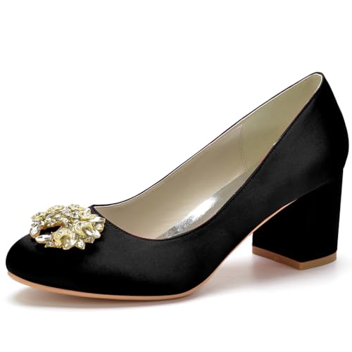HFWXYSA Damen Satin Strass Round Zehen Brautschuhe Stämmiger Absatz Absatzschuhe Hochzeit Gast Schuhe,Schwarz,42 EU von HFWXYSA