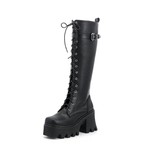 HFWXYSA Damen Schnürstiefel Kniehoch Blockabsatz Stiefel Plateau Punk Gothic Mid Calf Combat Stiefel,Schwarz,35 EU von HFWXYSA