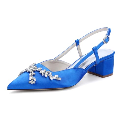 HFWXYSA Damen Slingback Hochzeitsschuhe Mit Blockabsatz Geschlossene Zehe Satin Brautjungfer Braut Pumps Sandalen,Blau,35 EU von HFWXYSA