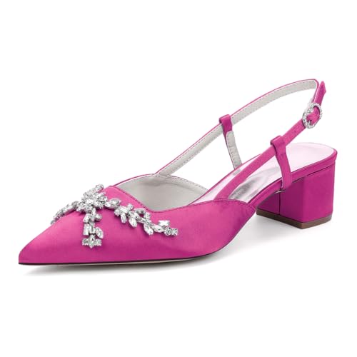 HFWXYSA Damen Slingback Hochzeitsschuhe Mit Blockabsatz Geschlossene Zehe Satin Brautjungfer Braut Pumps Sandalen,Fuchsia,35 EU von HFWXYSA