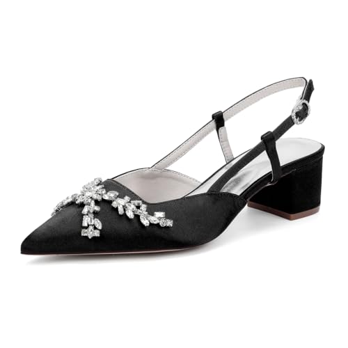 HFWXYSA Damen Slingback Hochzeitsschuhe Mit Blockabsatz Geschlossene Zehe Satin Brautjungfer Braut Pumps Sandalen,Schwarz,37 EU von HFWXYSA